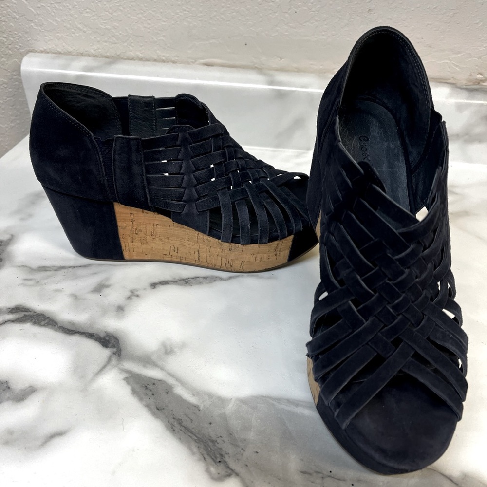 Stunning genuine suede woven navy blue cork wedge sandal 7 CHOCOLAT BLU